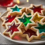 Colorful stained glass cookies with melted candy centers on a white plate.