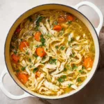 Bowl of homemade chicken noodle soup with vegetables and chicken