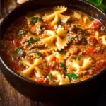 A bowl of easy lasagna soup topped with cheese and herbs