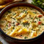 Bowl of creamy white lasagna soup topped with herbs and cheese