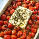 Baked feta pasta dish with tomatoes and fresh basil served in a bowl