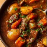 Delicious bowl of homemade beef stew with vegetables and herbs