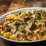 Delicious Beef Stroganoff served with noodles and garnished with parsley.