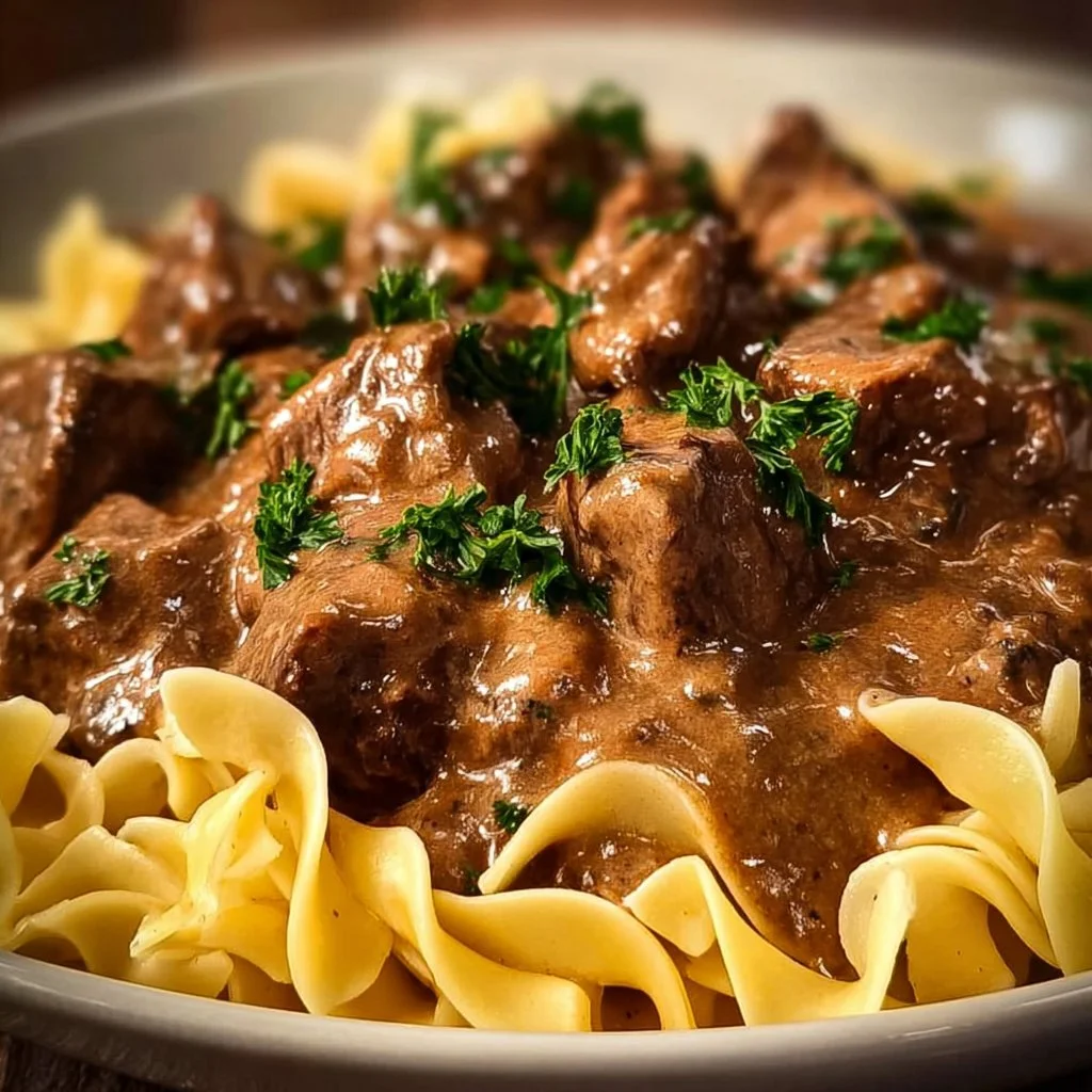Beef Stroganoff with Egg Noodles 6 Delicious Beef Stroganoff served with egg noodles on a plate