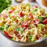 Colorful bowl of BLT Pasta Salad with bacon, lettuce, and tomatoes