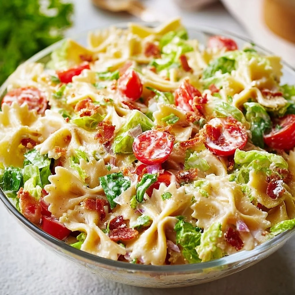 BLT Pasta Salad 1 Colorful bowl of BLT Pasta Salad with bacon, lettuce, and tomatoes