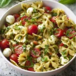 Colorful Bow Tie Pasta Salad with fresh vegetables and dressing
