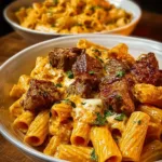 Cajun steak tips served with cheesy rigatoni on a plate