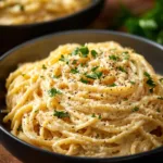 Plate of cheesy garlic parmesan spaghetti garnished with parsley