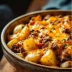 Cheesy ground beef and potato casserole topped with melted cheese