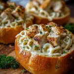 Delicious Chicken Alfredo served in a garlic bread bowl