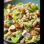 Delicious Chicken Caesar Pasta Salad with grilled chicken, romaine, and Caesar dressing