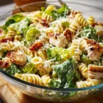 Delicious Chicken Caesar Pasta Salad with chicken, lettuce, and Caesar dressing