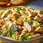 Bowl of Chicken Caesar Pasta Salad garnished with parmesan and lettuce