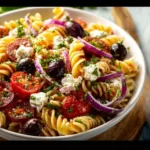 A bowl of classic Italian pasta salad with vegetables and dressing