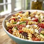 Bowl of classic pasta salad with fresh vegetables and dressing