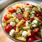 Colorful Caprese Pasta Salad with fresh tomatoes, basil, and mozzarella