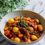 A steaming bowl of comforting beef stew with vegetables and herbs.