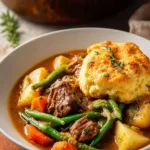 A steaming bowl of comforting beef stew with vegetables and herbs