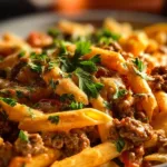 Creamy beef pasta dish served with herbs and cheese
