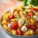 Creamy Caprese Pasta Salad with tomatoes, mozzarella, and basil