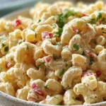 Delicious creamy macaroni salad in a bowl, garnished with herbs.