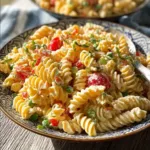 Creamy pasta salad with colorful vegetables in a serving bowl