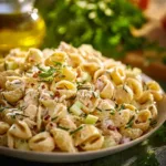 Creamy summer pasta salad with fresh vegetables and herbs in a bowl