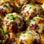 Delicious Crockpot French Onion Meatballs served in a savory sauce