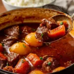 Delicious Hawaiian style beef stew in a bowl with vegetables and herbs.