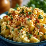 Delicious deviled egg macaroni salad in a bowl, garnished with herbs.