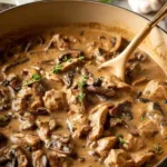 Plate of easy beef stroganoff with mushrooms and egg noodles
