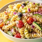 Bowl of easy creamy pasta salad with colorful vegetables