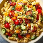 Colorful and healthy pasta salad with fresh vegetables and dressing