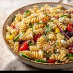 Colorful festive Christmas Pasta Salad with vegetables and dressing