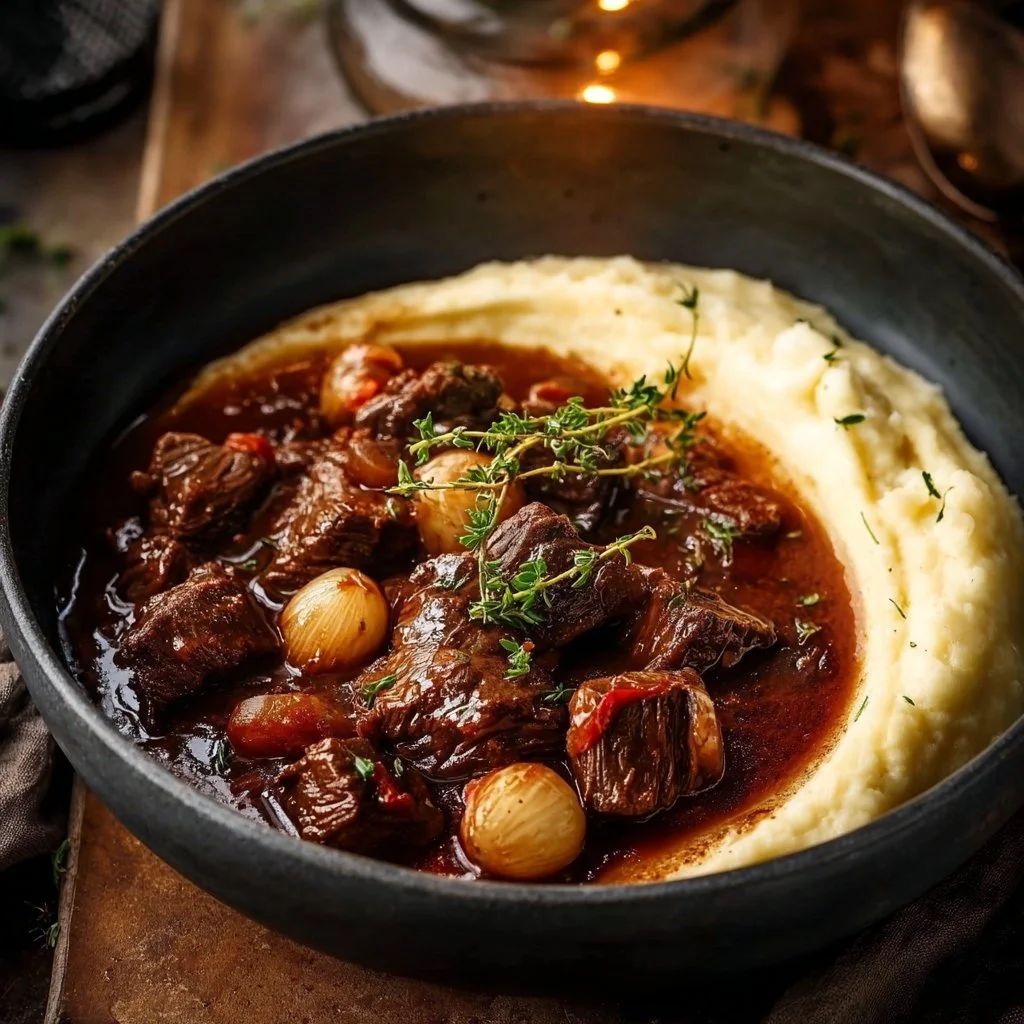 French-Style Beef Stew 3 Delicious French-style beef stew served in a rustic bowl with fresh herbs.