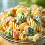 Bowl of fresh ranch pasta salad with colorful vegetables and dressing