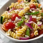 Colorful Greek Pasta Salad with feta cheese, olives, and fresh vegetables