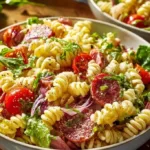 Grinder Pasta Salad with fresh vegetables and dressing served in a bowl