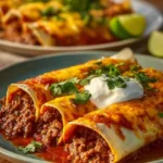 Ground beef enchiladas topped with cheese and sauce