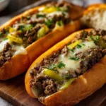 Ground Beef Philly Cheesesteaks served with melted cheese and fresh toppings