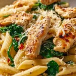 Healthy garlic parmesan chicken pasta dish served in a bowl with fresh herbs.
