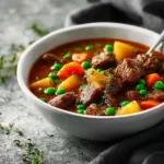A delicious bowl of hearty stovetop stew with vegetables and meat.