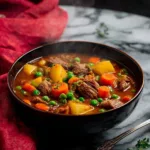 Delicious high protein beef stew served in a bowl with fresh herbs