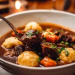 Delicious beef stew with dumplings served in a rustic bowl.