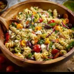 Colorful Italian pasta salad with fresh vegetables and dressing