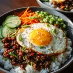 A delicious Korean Ground Beef Bowl topped with sliced green onions and sesame seeds.
