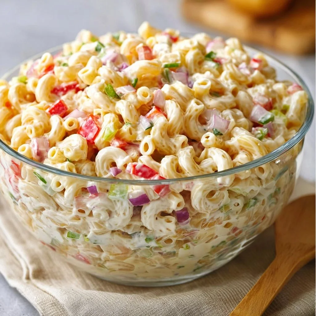 Macaroni Salad Recipe 3 Delicious homemade macaroni salad in a bowl with colorful vegetables