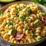 A bowl of Mexican street corn pasta salad with vibrant colors and toppings.