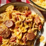 Delicious one pot creamy Cajun sausage pasta served in a bowl.
